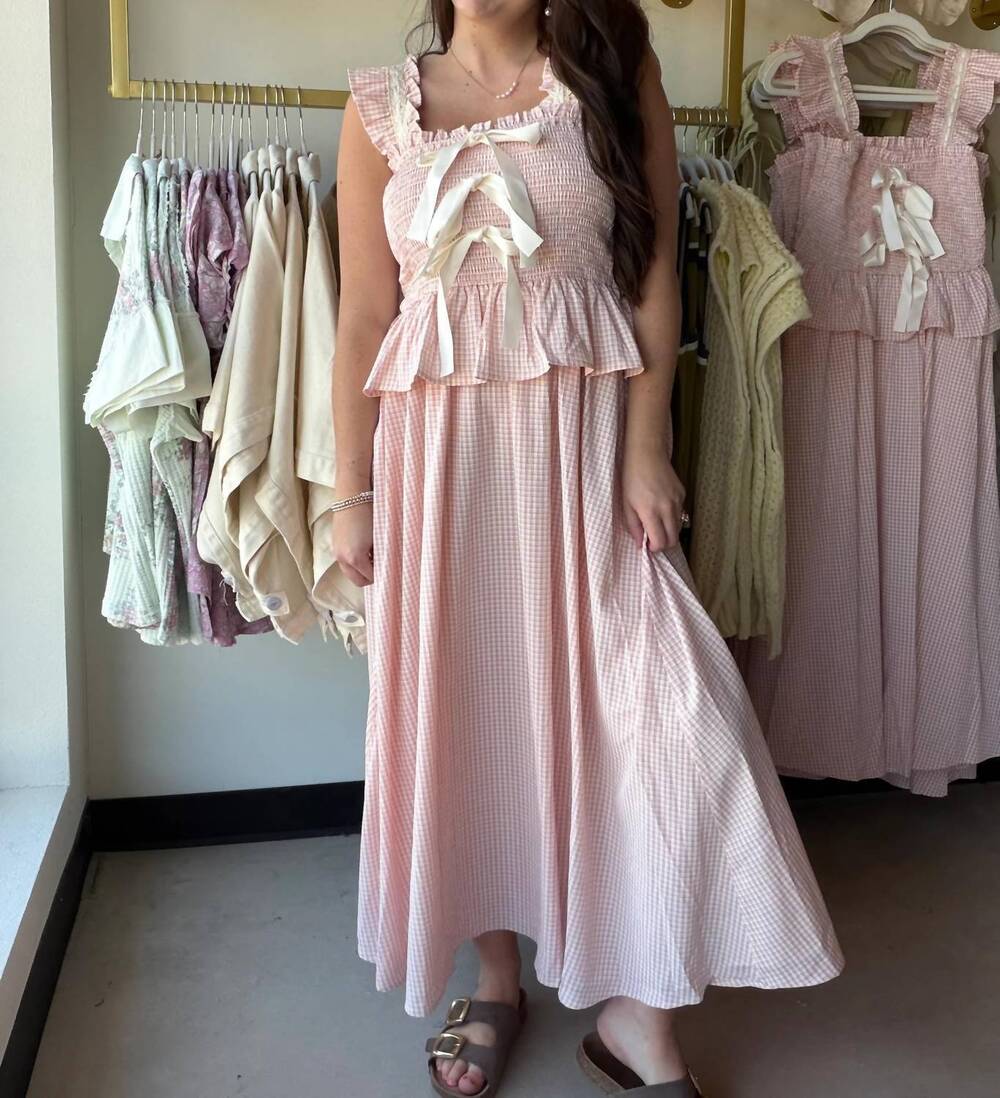 NEW BIBI women's smocked midi dress in blush gingham
